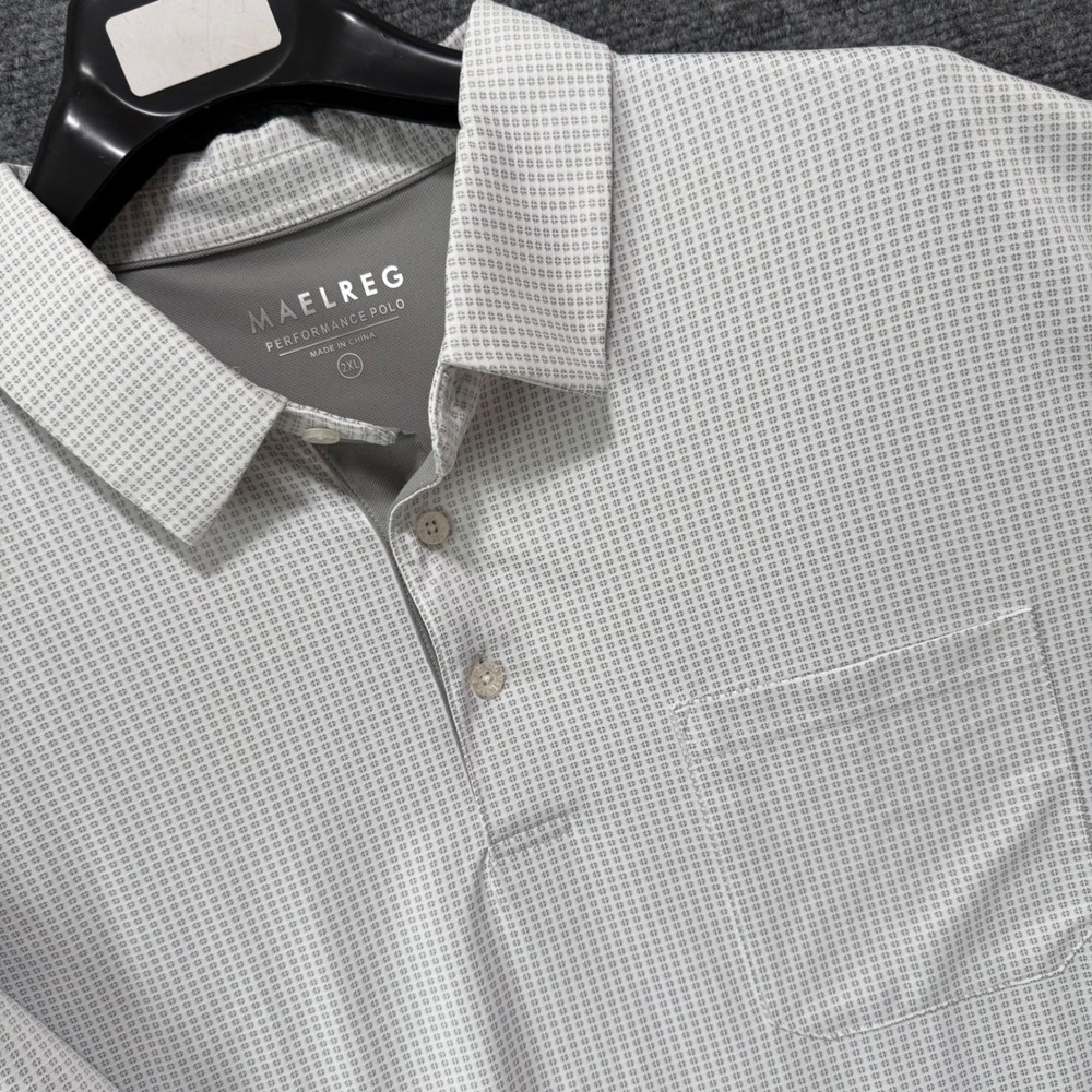 MAELREG Mens 2XL Performance Polo Shirt Gray White Micro Check Stretch Golf Top